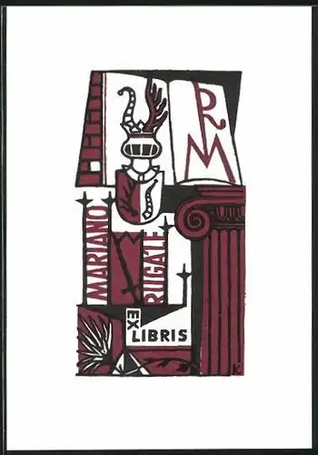 Exlibris Mariano Rugále, Wappen mit Ritterhelm und Elchgeweih, Initialien MR