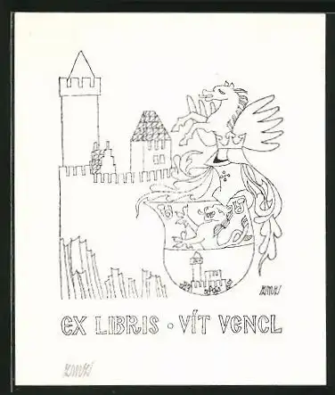 Exlibris Vít Vencl, Wappen mit Ritterhelm, Pegasus und Burg