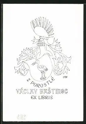 Exlibris Václav Bastinec, Wappen mit Ritterhelm und Storch