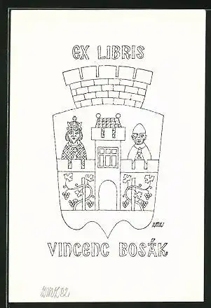 Exlibris Vincenc Bosák, Wappen mit Burg, Geistlicher und Gehlerter