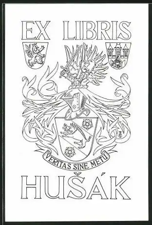 Exlibris Husák, Wappen mit Ritterhelm, Wildschwein und Burg