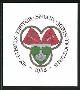 Exlibris Dieter Salch Juris Doctoris, 1988, Wappen mit Waage und Beutel