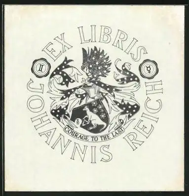 Exlibris Johannis Reich, Wappen mit Ritterhelm, Känguru und Sternen