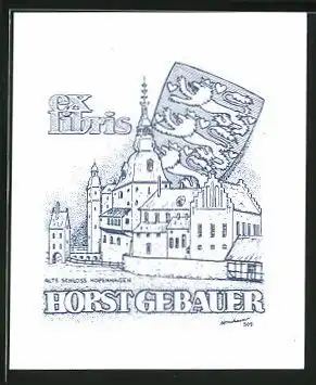 Exlibris Horst Gebauer, Wappen mit Löwe, Schloss aus Kopenhagen