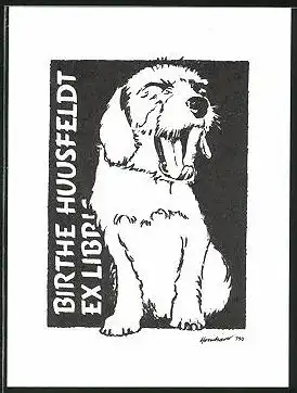 Exlibris Birthe Huusfeldt, weisser Hund am Gähnen
