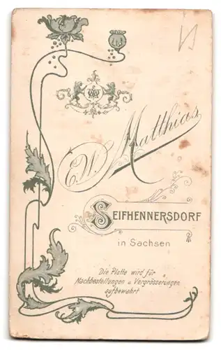 Fotografie E. W. Matthias, Seifhennersdorf in Sachsen, Portrait süsses Kleinkind im weissen Kleid mit Ball