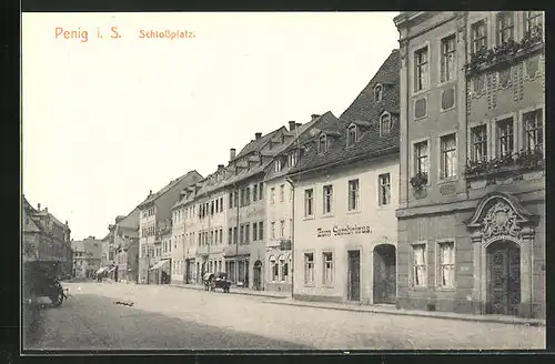 AK Penig i. S., Strasse am Schlossplatz mit Gasthaus Zum Gambrinus