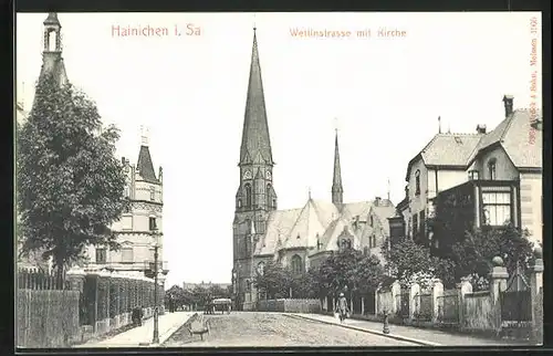 AK Hainichen i. Sa., Wettinstrasse mit Kirche