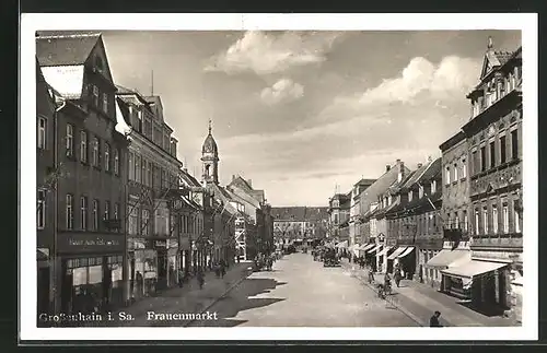 AK Grossenhain i. Sa., Frauenmarkt mit Geschäften und Kirche
