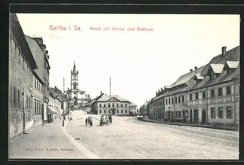 AK Hartha i. Sa., Markt mit Kirche und Rathaus