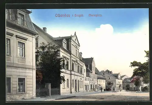 AK Olbernhau i. Erzgeb., Marktplatz mit Geschäften