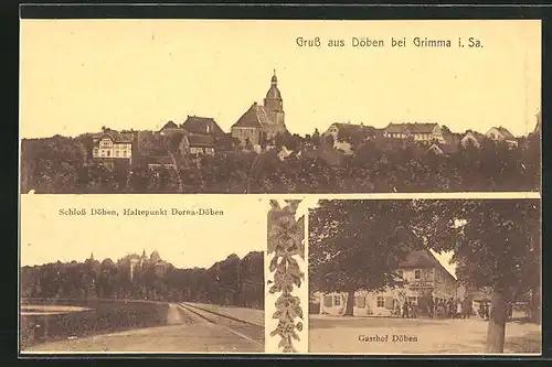 AK Döben bei Grimma i. Sa., Gasthof Döben, Schloss Döben Haltepunkt Dorna-Döben, Teilansicht mit Kirche