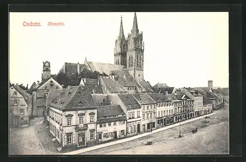 AK Oschatz, Altmarkt mit Geschäften und Kirche