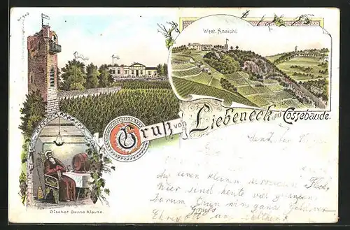 Lithographie Cossebaude, Gasthaus Liebeneck, West. Ansicht u. Panorama, Bischof Benno Klause