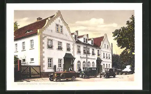 AK Schmannewitz i. Sa., Gasthof Schmannewitz mit Autos