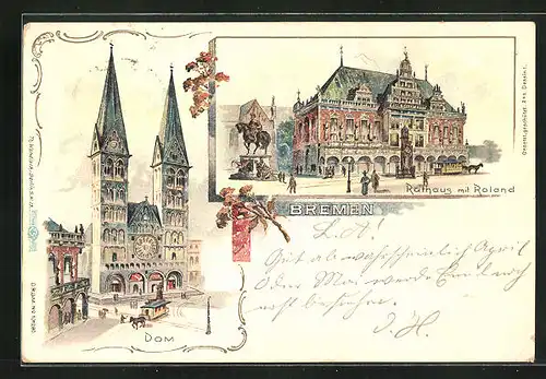 Lithographie Bremen, Dom, Rathaus mit Roland