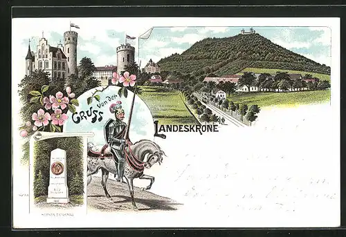 Lithographie Görlitz, Gasthaus auf der Landeskrone, Körner Denkmal, Ritter bereit fürs Turnier