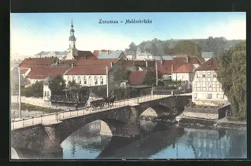 AK Lunzenau, Fuhrwerk auf der Muldenbrücke