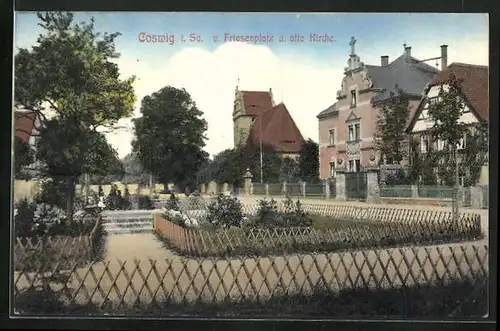 AK Coswig i. Sa., Friesenplatz mit alter Kirche
