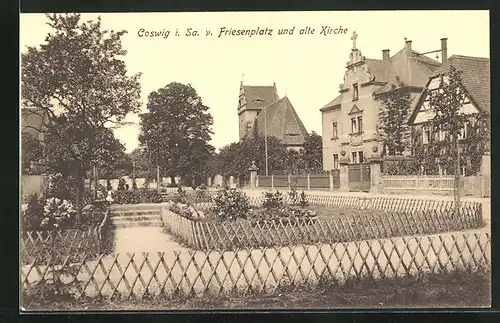 AK Coswig i. Sa., Friesenplatz mit alter Kirche