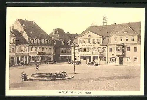 AK Königsbrück i. Sa., Markt mit Brunnen, Hotel zum Adler