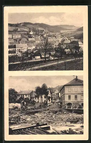 AK Bad Gottleuba, Brücke an der Schule vor und nach dem Unwetter 1927, Das Mollesche Haus ist ganz zerstört