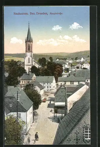 AK Neuhausen /Bez. Dresden, Hauptstrasse mit Kirche