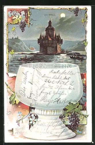 Lithographie Caub /Rhein, Burg Pfalz bei Mondschein, Römerglas