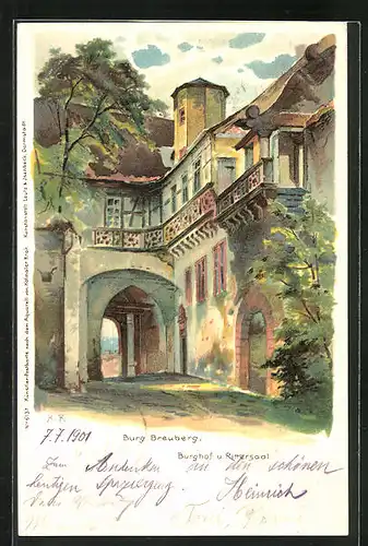 Lithographie Breuberg, Burg Breuberg, Burghof und Rittersaal