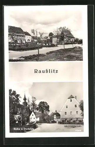 AK Rausslitz, Dorfstrasse, Kirche u. Dorfplatz