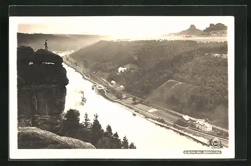 Foto-AK Walter Hahn, Dresden, Nr. 907: Schmilka, Blick ins Elbtal, Elbdampfer