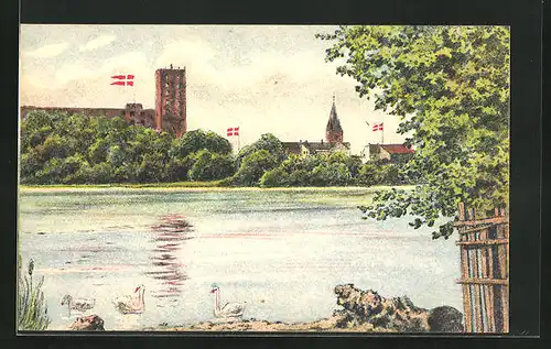 Künstler-AK Kolding, Teilansicht mit Rathaus- und Kirchturm