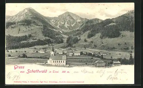 AK Schattwald, Totale mit Kirche und Bergen im Hintergrund