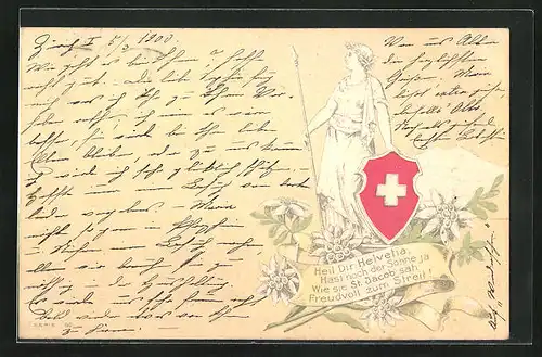 Präge-AK Zürich, Helvetia mit Schild und Speer, Edelweiss