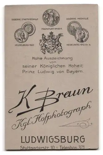 Fotografie K. Braun, Ludwigsburg, Stuttgarterstr. 10, Portrait Soldat in Uniform Rgt. 170 mit Krätzchen