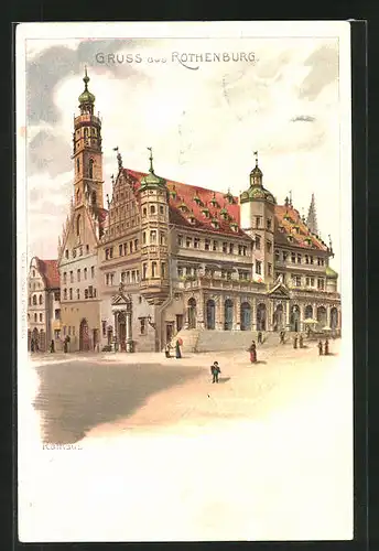 Lithographie Rothenburg, Partie am Rathaus