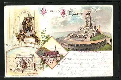 Lithographie Kyffhäuser, Denkmal, Reiterstandbild und Barbarossa