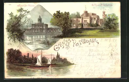 Lithographie Potsdam, Schloss Babelsberg, Marmor-Palais & Pfaueninsel