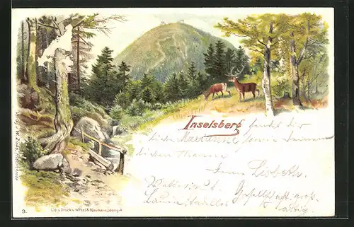 Lithographie Inselberg, Landschaftpanorama mit Hirsch
