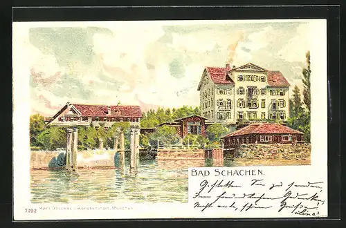 Lithographie Bad Schachen, Teilansicht mit Wasserblick auf ein Haus