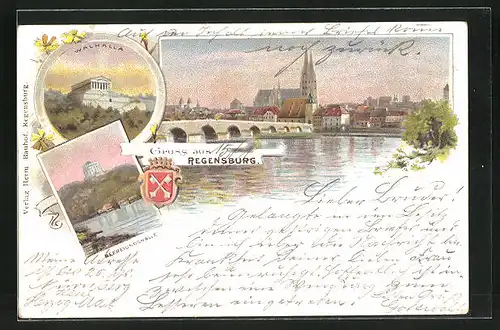 Lithographie Regensburg, Panorama, Walhalla und Befreiungshalle
