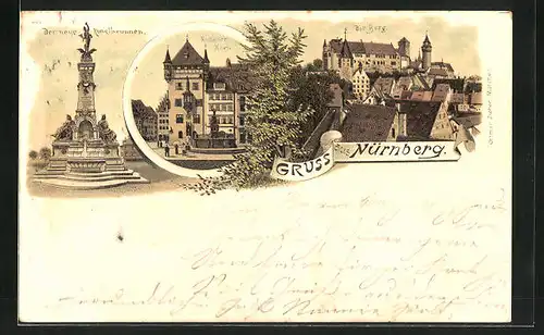 Lithographie Nürnberg, Nassauer-Haus, Kunstbrunnen und Burg