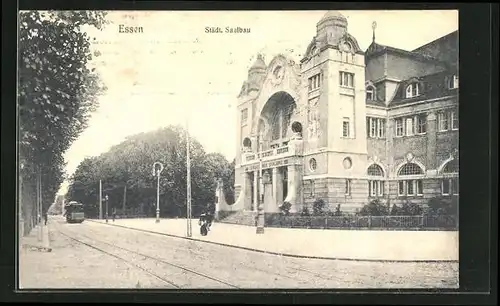 AK Essen, Strassenbahn am Städt. Saalbau