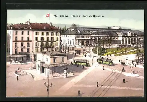 AK Geneve, Place et Gare de Cornavin, Strassenbahn