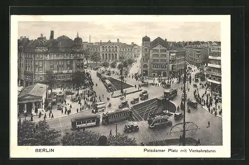 AK Berlin, Potsdamer Platz mit Verkehrsturm und Strassenbahn