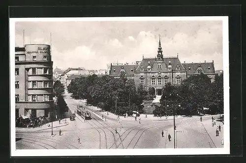 AK Brünn, Deutsches Haus mit Strassenbahn