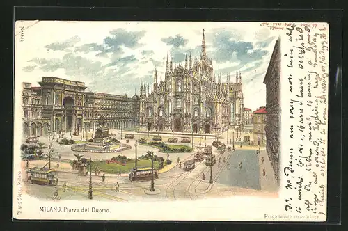 Lithographie Milano, Piazza del Duomo, Strassenbahn