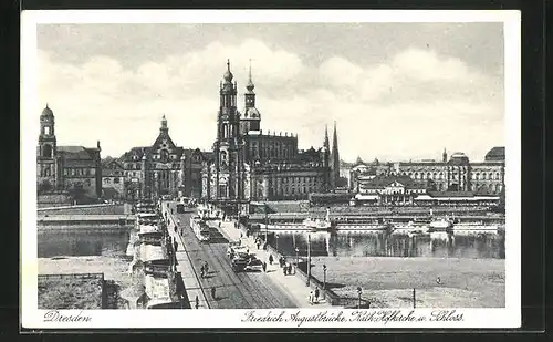 AK Dresden, Strassenbahnverkehr auf der Friedrich-August-Brücke