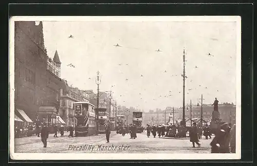 AK Manchester, Piccadilly with Tramways, Strassenbahnen