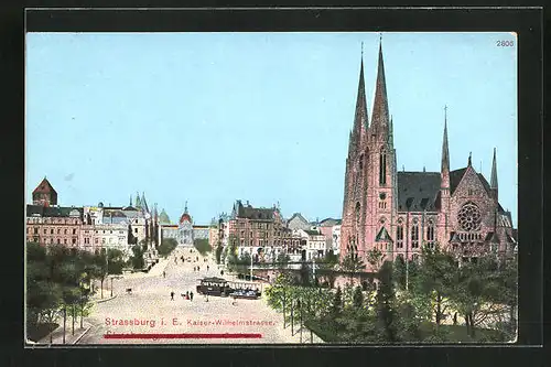 AK Strassburg, Kaiser-Wilhelm-Strasse mit Strassenbahn